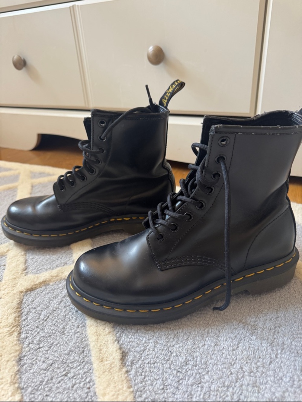 Dr. Martens Black Leather 8-Eye Lace-Up Boots with Yellow Stitching